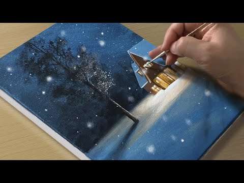 Painting a Snowy Winter Night / Acrylic Painting for Beginners