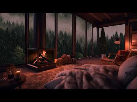 Cozy Rain Sounds | Cozy Cabin Ambience at Night Forest With Fireplace &amp; Rain Sounds For Relaxation