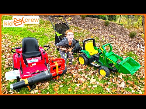 Collecting leaves with kids zero turn mower, tractor, and truck. Educational leaf blowers | Kid Crew