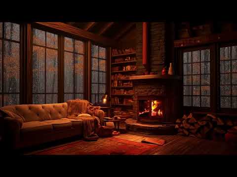 Autumn Cozy Cabin - Crackling Fireplace &amp; Rain Sounds | Rainy Fall Ambience