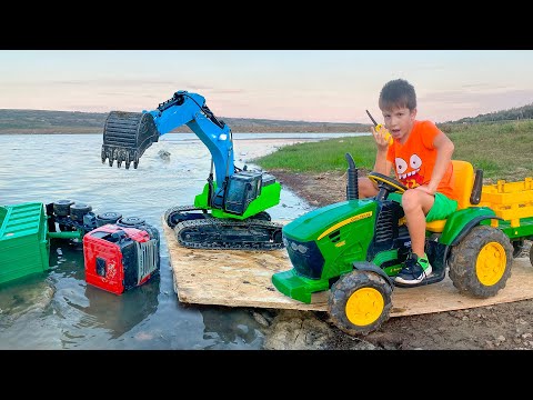 Darius riding his tractor in the mud and saving some car drivers from water | Kids Adventure