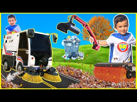 Street sweeper grapple truck trash clean up with kids ride on tractor, forklift and gator for kids