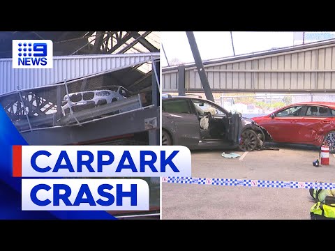 South Melbourne carpark closes after Tesla driver crashes | 9 News Australia