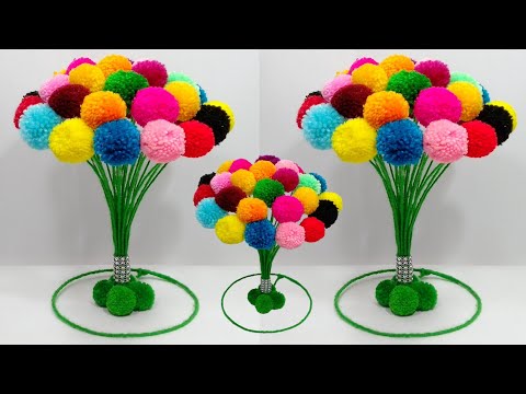 बची ऊन के टुकड़ों से गुलदस्ता बनाने का आसान तरीका/DIY EASY WOOLEN FLOWERS GULDASTA/FLOWER VASE CRAFT