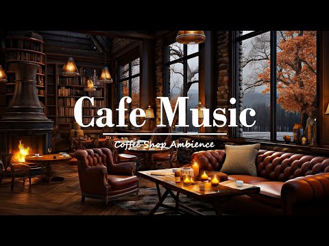 Relaxing jazz music in a cozy winter coffee shop with snowfall for study, work