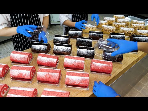 making various buttercream roll cake (chocolate, strawberry, almond) - korean street food