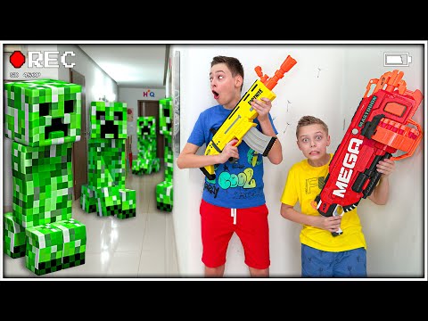 Caught on Security Camera: Minecraft Creepers in Our House!? | Nerf Minecraft Battle in Real Life