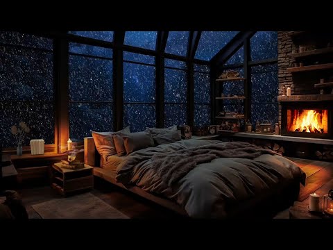 Calming Blizzard Sounds for Deep Sleep | Wooden house with warm fireplace | winter wonderland ASMR