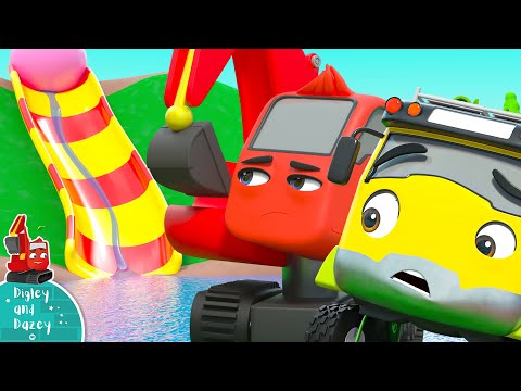 WATER SLIDE!!! - NEW Digley and Dazey | Construction Truck Cartoons for Kids