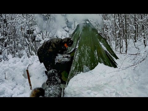 3 Days SOLO SURVIVAL CAMPING In DEEP SNOW - Winter Storm Bushcraft Hot Tent Camp - Stove Cooking