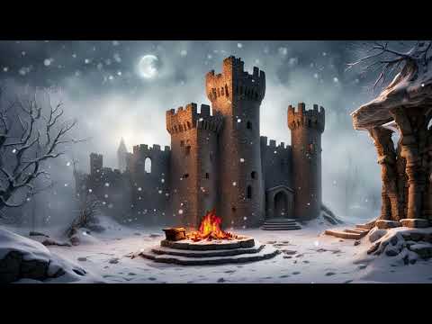 Campfire Outside a Snowing Medieval Castle | 1 Hour of Whimsical Fantasy Music | Cozy Vibes