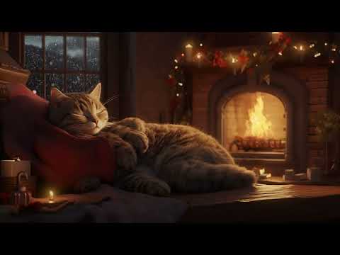 Snowfall Serenade | Cozy Fireside Crackles with the Comfort of a Contented Cat and Wintry Whispers