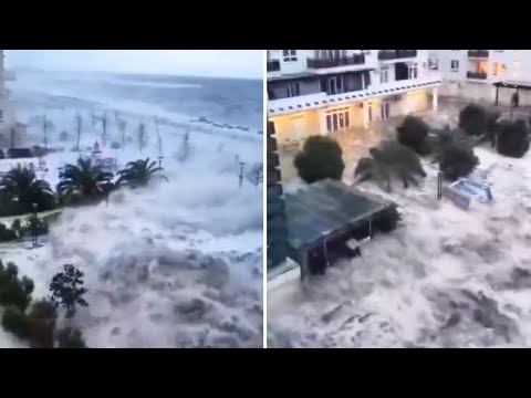 Il video dell&amp;rsquo;onda anomala che rompe gli argini e travolge una strada a Sochi, in Russia