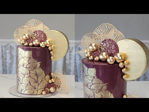 Asymmetrical Abstract Modern Gold Stenciled Ginkgo Leaf Cake | Cake Decorating Tutorial