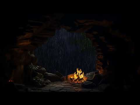 Dark night - Cozy cave space 🌧️ Rainstorm with heavy rainfall for deep sleep