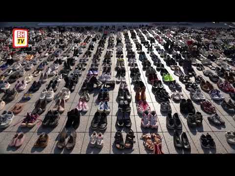 South Korean protesters display 2,000 shoes in solidarity with Palestinian victims