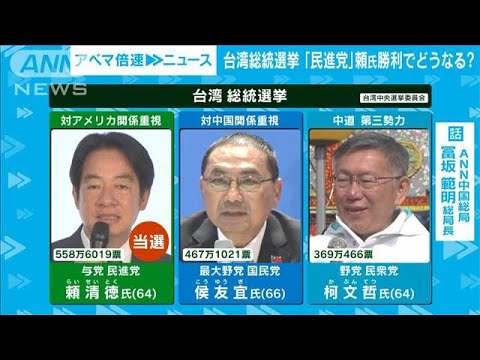 【台湾総統選挙】民進党　頼氏勝利でどうなる？　ANN中国総局・冨坂範明総局長【ABEMA NEWS】(2024年1月15日)