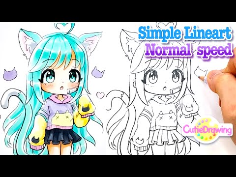 Let's draw Lineart with me! (Normal speed ) How to draw a Cat girl with a hoodie/Gachalife/Easy