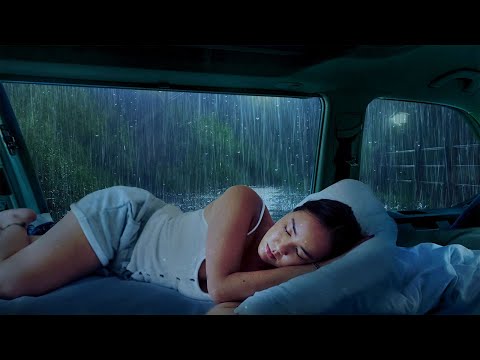 Rain Sounds for Sleeping by a Camping Car Window during a night thunderstorm for Deep Sleep