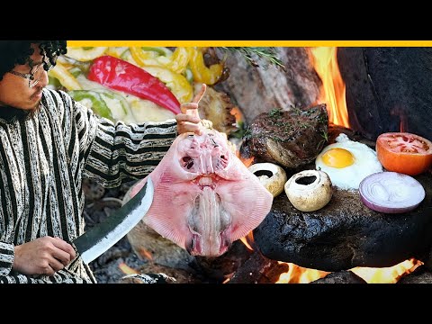 Crazy Barbecue Party in Nature 🍗 Rock steak + Bushcraft pizza + Stingray Tagine