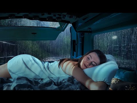 Relaxing Rain Sounds on a Camping Car Window - Night Thunderstorm for Deep Sleep and Insomnia