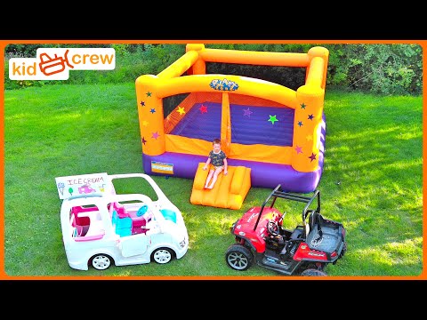 Rescuing stuck ice cream truck with kids off road truck. Educational bouncy houses | Kid Crew