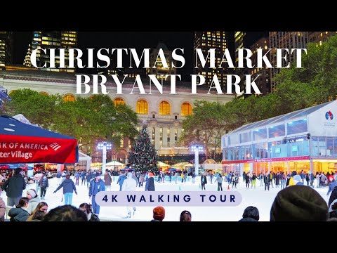 Bryant Park Christmas Market. Walking Tour. 4K.