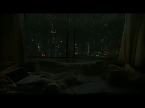 heavy rainstorm and thunder | rain on window at night city view | city rain ambience