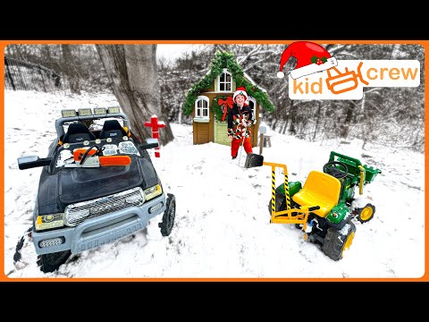 Christmas landscaping with backhoe, truck, trailer, chainsaw, and lights. Educational | Kid Crew