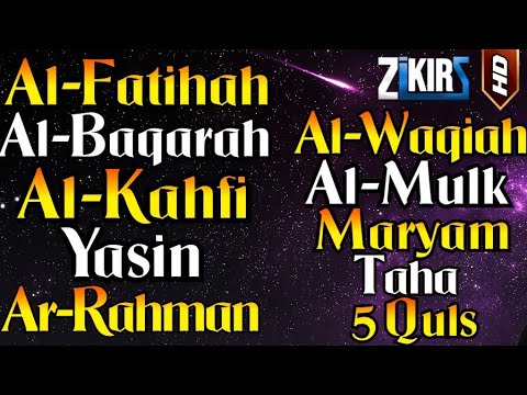 Surah Al Fatihah, Al Baqarah, Al Kahfi, Yasin, Ar Rahman, Al Waqiah, Al Mulk, Maryam, Taha, 5 Quls