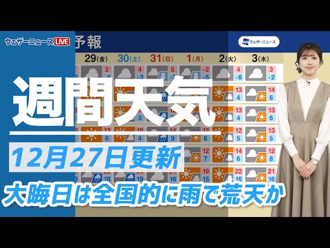 【週間天気】大晦日は全国的に雨で荒天か（27日14時更新）