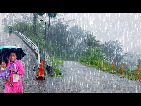 Super heavy rain and thunder in hilly Village||Indonesian Village life