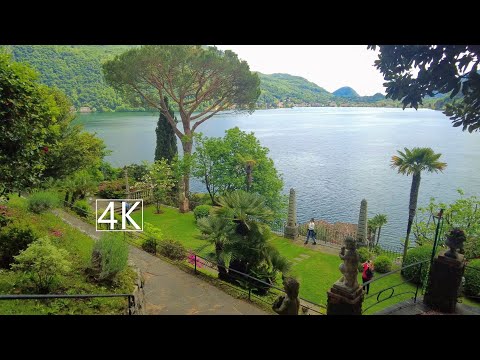 Walking in a small Botanical Garden in Morcote, Switzerland. 4K.