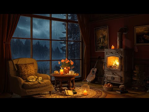 Rainy Night in Cozy Room Ambience - Relaxing Jazz Music with Rain &amp; Fireplace Sounds for Sleep