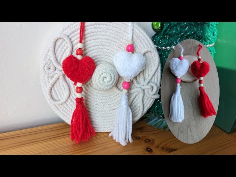 Very easy Make a pom pom heart shape from yarn for Valentine gift 