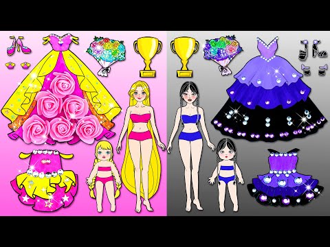 Paper Doll Dress Up - Pink VS Purple Mother &amp; Daughter Dresses - Barbie Family Contest Handmade