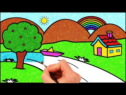 How to Draw Simple Landscape Picture | Glitter Painting for Kids | HooplaKidz How To