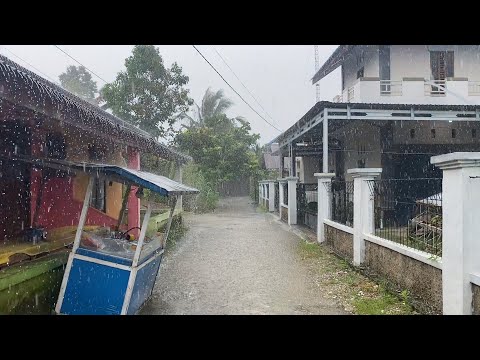 Walking In The Middle Of A Rainstorm And Thunder In A Small Indonesian Village | Relaxing Rain Sound