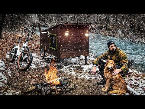 SNOWY NIGHT IN A BIKE CAMPER by a River!