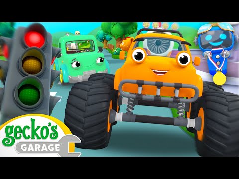 Monster Truck VS Tow Truck, Who will Win the Race?| Animal for Kids | Truck Cartoon | Gecko's Garage