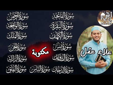 سورة الفاتحة، البقرة، الكهف، يس، الرحمن، الواقعة، الملك، الصافات، الدخان، الجن، الزلزلة و المعوذات