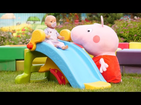 A toy slide for a Baby Born doll. Baby dolls &amp; Baby Alive. Peppa Pig is a babysitter.