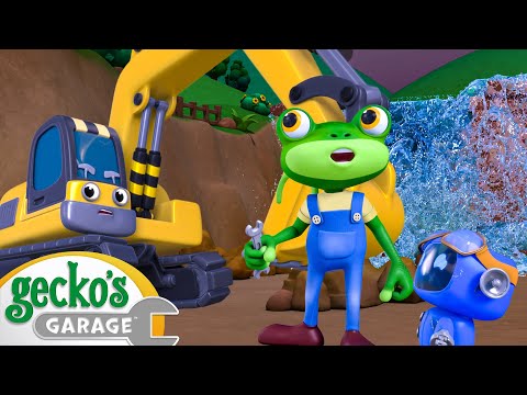 Excavator Stuck In the Rain! | Gecko the Mechanic | Vehicle Repair Cartoons | Buses, Trucks and Cars