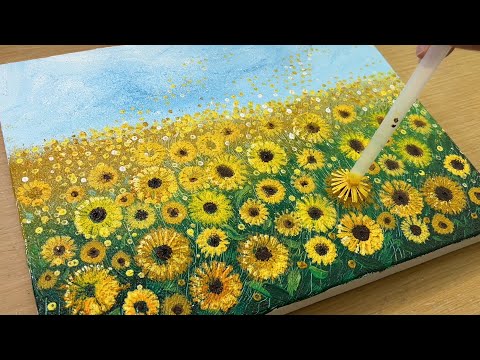 Painting Sunflower Field / Acrylic Painting / Comb and Stamp Painting Technique