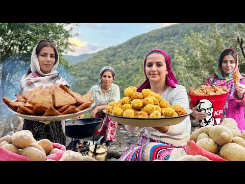 Mix of Cooking Snacks! Chicken KFC, Samboose and Potato Balls in Village