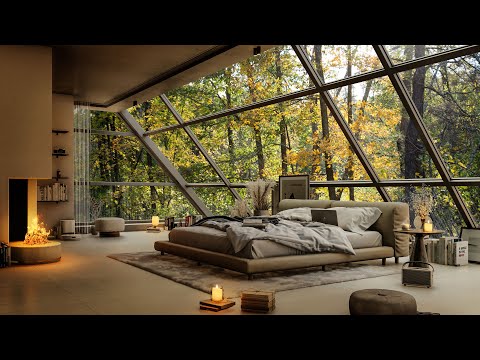 🌤️Crisp Autumn Morning in Forest Bedroom | Piano Jazz Music - Relaxing Jazz for Work , Study &amp; Sleep