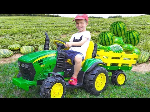 Darius Rides on Tractor  Kids Pretend Play riding on Truck Toys gathering watermelon