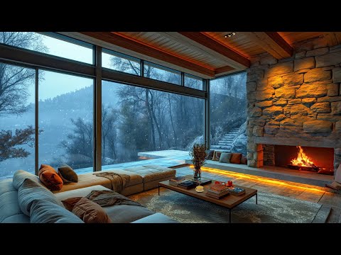 Winter Atmosphere with Gentle Snowfall ❄️ Warm Living Room and Soft Jazz Music, Fireplace for Relax