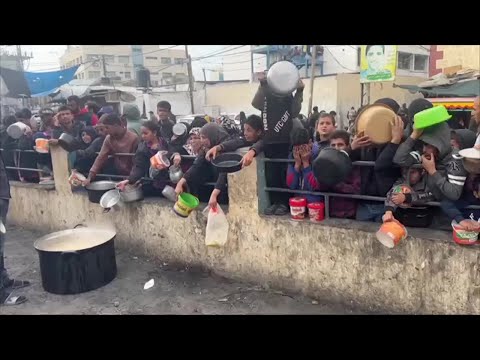 Palestinians wait with containers for food distribution in Rafah | AFP