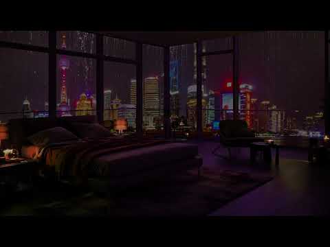 Outside of New York apartments in the night rainy city | Rain sound is effective for sleep disorders